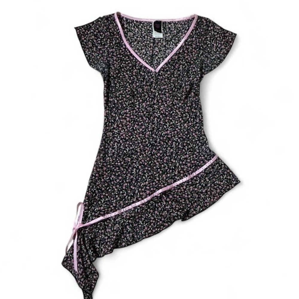 Vintage Wrapper Floral Mesh Asymmetrical Hem Y2K‎ Tunic Top Pink Ribbon V-Neck S